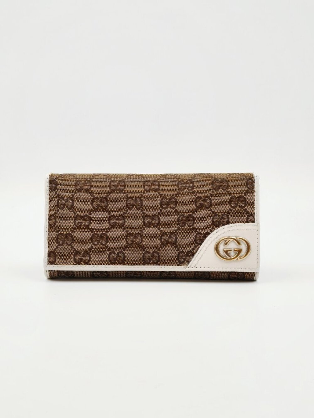 Gucci GG Canvas Brown White Leather Long Wallet Continental